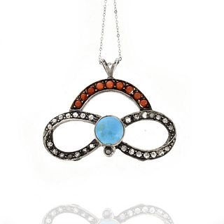 Turquoise, Coral, Diamond and 14K Necklace