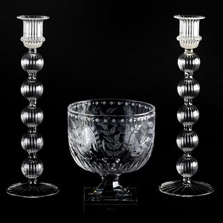 Etched Glass Compote and a Pair of Glass Candlesticks
