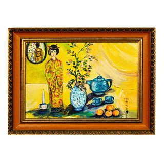 Vintage Artist Signed Oil Painting on Canvasboard Geisha
