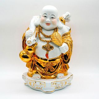 Vintage Chinese Porcelain and Gold Laughing Buddha Statue