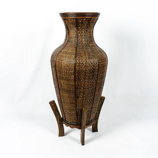Vintage Woven Floor Vase with Footed Base