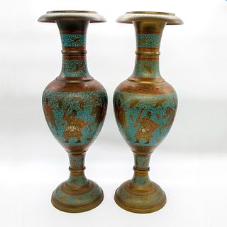 Pair of Vintage Large Enameled Brass Decorative Vases