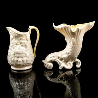 2pc Vintage Belleek Porcelain Spill Vase + Jug