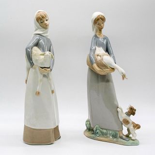 2pc Lladro Figurines, Girl w/Lamb + Girl w/Goose & Dog