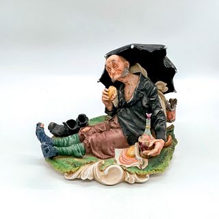 Vintage Ceramic Figurine, Tramp with Umbrella on a Picnic