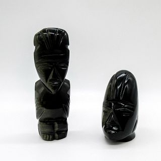Pair of Aztec Carved Obsidian Figural Statues