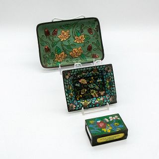 3pc Antique Chinese Cloisonne Mini Trays & Matchbox Holder