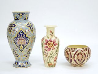 (2) Zsolnay Hungary Porcelain Vases & A Bowl.
