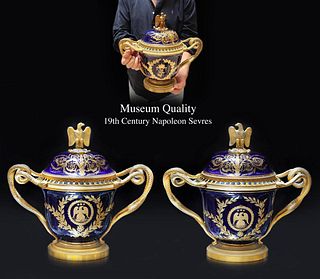 A Pair Of Museum Quality 19th Century Sevres Napoleon Porcelain Bronze Covered Vases