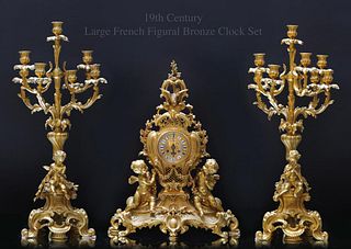 A Fine Large 19th C. French Figural Bronze Clock Set