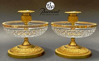 A Pair Of 19th C. Dore Bronze Baccarat Crystal Candlesticks