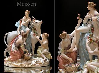 Europa On The Bull, 19th C. German Meissen Hand Painted Porcelain Figural Group, Hallmarked