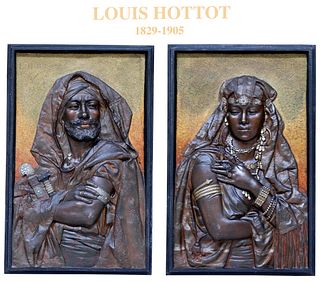 A Pair Of Orientalist Cold-Painted Bronze Wall Plaques By Louis Hottot (French, 1829-1905)