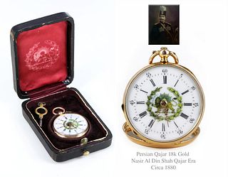 19th C. Persian Royal Qajar 18K Solid Gold Pocket Watch In Original Box & Key