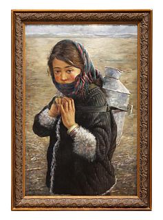 Rural Girl with Milk Pot, A Large Oil On Canvas Painting, Signed