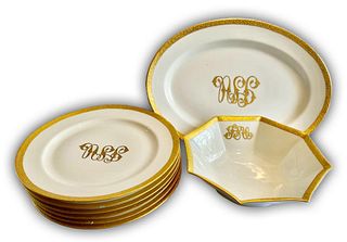 A Set Of Eight French Haviland Monogram Gilded Porcelain Dining Service Ware, Hallmarked
