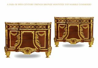 A Pair Of 19th Century French Bronze Mounted Top Marble Commodes