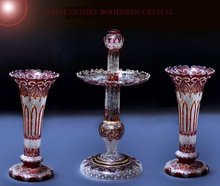 19th Century Bohemian Hand Painted Gilt Crystal Garniture Set