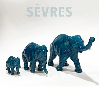 Paul Milet Sevres Porcelain Set Of Elephants Family Statues, Signed
