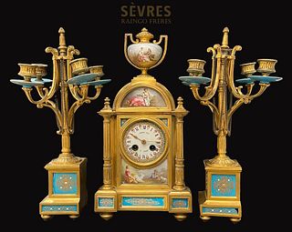 19th C. Raingo Freres Sevres Jeweled Bronze Clock Set, Signed