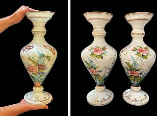 A Pair Of Large 19th C. Baccarat Style Hand Painted Opaline Vases