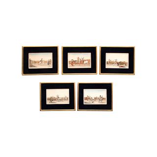 ANTONIO DE HORNA. Escenas taurinas .Grabados a color, L.I, L.II, L.VI,  L.VIII, L.X.  Enmarcados. 16 x 24 cm .Piezas: 5