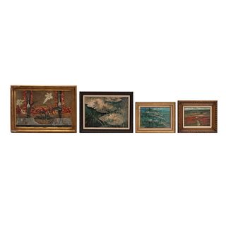 Lote de 4 obras pictóricas. 2 Óleos sobre tela y 2 óleos sobre tabla. A. FLORES. Lirios acuáticos. 50 x 70 cm, otros.