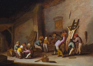  SCENE WITH PEASANT PREPARING A PIG CARCASS OIL PAINTING