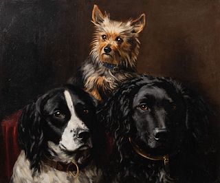  PORTRAIT OF TWO SPANIELS AND A YORKSHIRE TERRIER OIL PAINTING