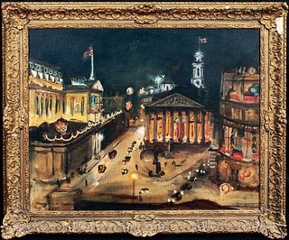  VIEW OF LONDON AT NIGHT ROYAL EXCHANGE & BANK OF ENGLAND OIL PAINTING