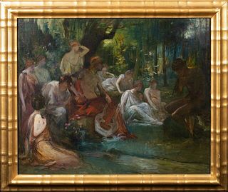  ORPHEUS & NUDE NYMPHS MAIDENS LANDSCAPE OIL PAINTING