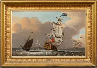  BRITISH ROYAL NAVY SQUADRON OFF THE COAST OIL PAINTING