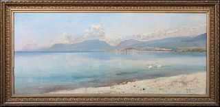 VIEW OF LAKE NEUCHÂTEL SWITZERLAND OIL PAINTING