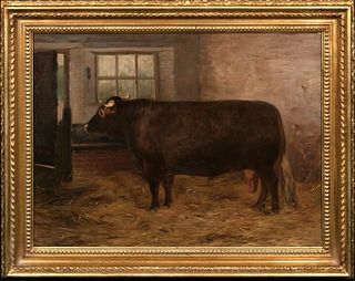 PORTRAIT OF A PRIZE SHORTHORN BULL OIL PAINTING