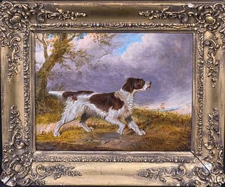 PORTRAIT OF AN IRISH RED & WHITE SETTER OIL PAINTING