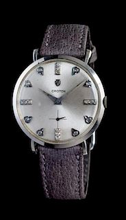 A 14 Karat White Gold and Diamond Wristwatch, Croton,