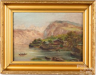 Oil on canvas primitive landscape with lake