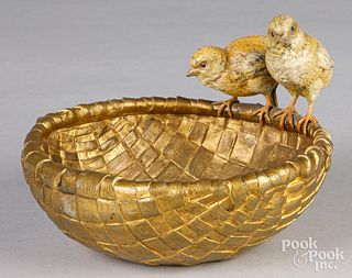 Cold painted bronze chicks and basket