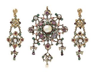 * A Renaissance Revival Gilt Silver, Pearl, Emerald, Pink Sapphires and Polychrome Enamel Demi Parure, Austro-Hungarian, 29.8
