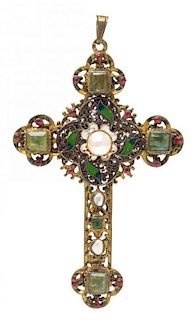 * A Gilt Silver, Polychrome Enamel, Emerald, Pearl and Paste Cross Pendant, Austro-Hungarian, 26.20 dwts.
