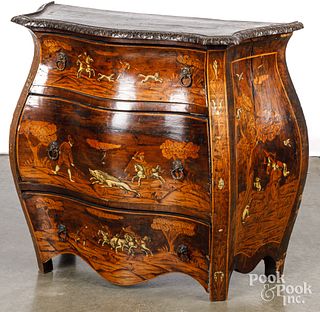 Continental marquetry inlaid bombe chest
