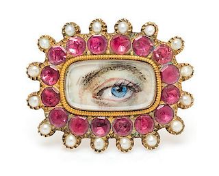 A Georgian Yellow Gold, Pink Gemstone and Seed Pearl Lover's Eye Brooch, 4.10 dwts.