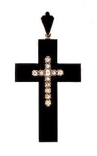 A Victorian Rose Gold, Onyx, Diamond and Enamel Mourning Cross Pendant, 21.50 dwts.