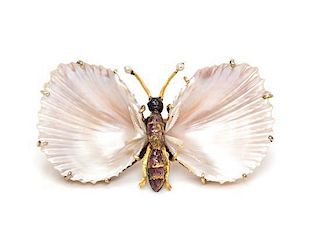 * A Gold, Enamel, Pearl and Seashell Butterfly Brooch, Federico and Ferdinando Giuliano, Circa 1890, 7.20 dwts.