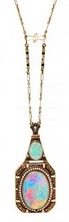An Art Nouveau Yellow Gold, Opal, Seed Pearl, and Polychrome Enamel Necklace, 19.00 dwts.