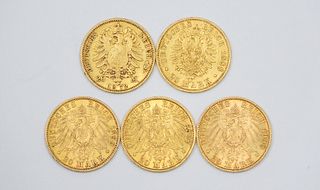 (5) Germany 20 Mark Gold Coins.