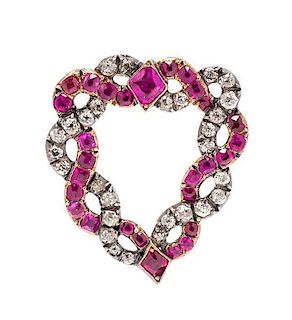 A Georgian Silver, Gold, Ruby and Diamond Witch's Heart Clip Brooch, 6.40 dwts.