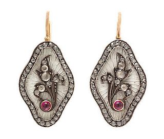 A Pair of Silver Topped Rose Gold, Diamond and Ruby Earrings, Russian, 9.00 dwts.