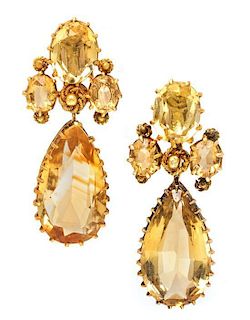 * A Pair of Yellow Gold and Citrine Pendant Earclips, 5.70 dwts.