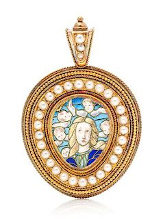 * An Art Nouveau Gold, Pearl and Plique a Jour Enamel Pendant, 14.70 dwts.